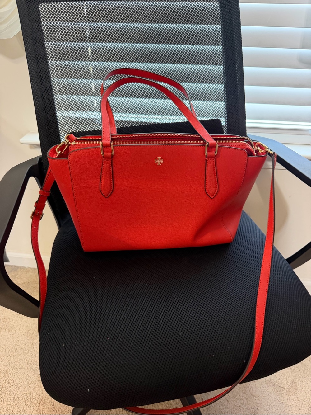 Tory Burch Red Saffiano Tote with Detachable Crossbody Strap